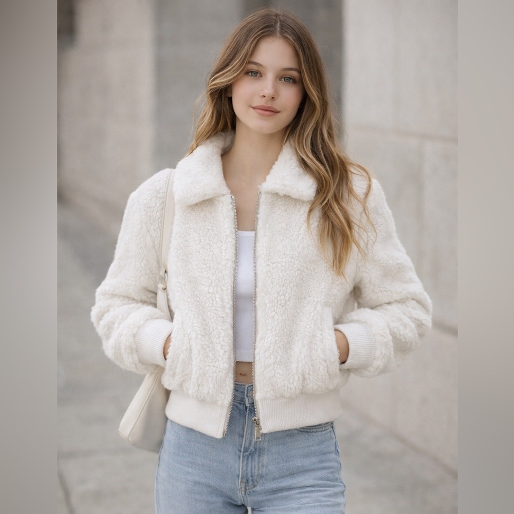 Urban Outfitter Sherpa Fuzzy Zip Up Cropped Ivory Womens Jacket SZ M